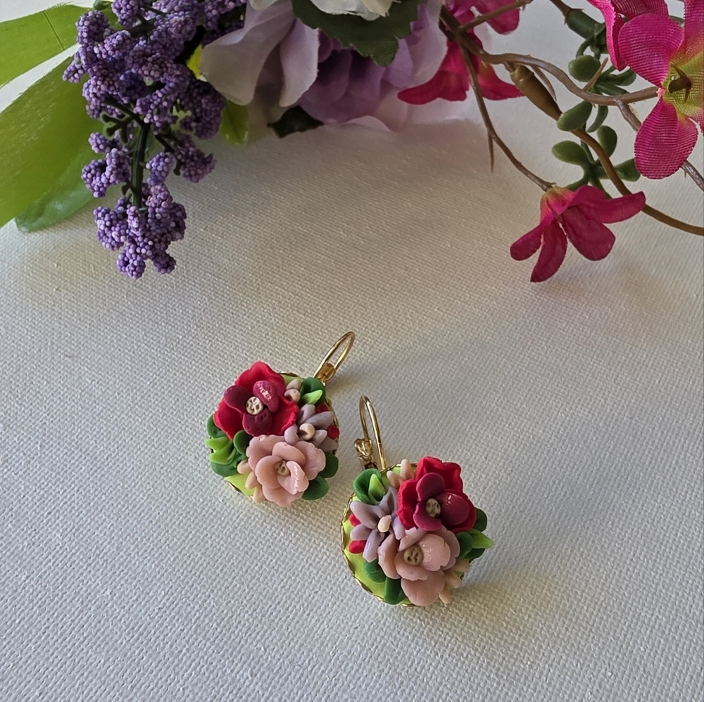 Handmade Floral Earrings with Pink and Red Accents